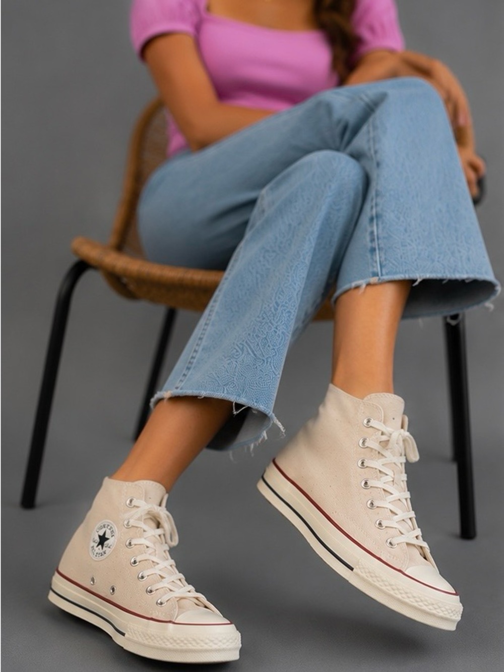 Converse High Top Sneakers - Off-White with Red & Black Trim - Picture 3 of 14